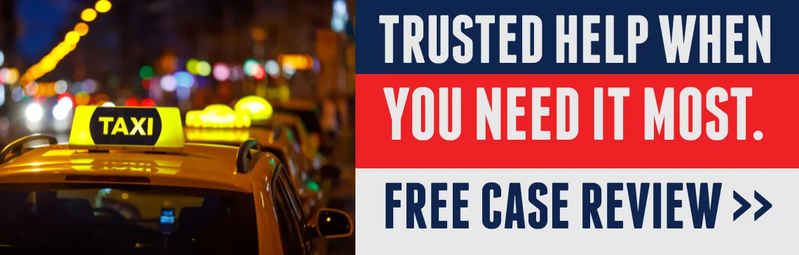 Illustration of rideshare car accident, with text reading: “Trusted help when you need it most” and a link offering a free case review.