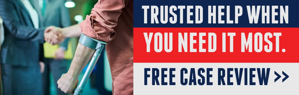 Illustration of client getting personal injury protection, with text reading: “Trusted help when you need it most” and a link offering a free case review.
