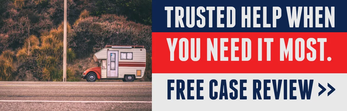 Illustration of RV accident, with text reading: “Trusted help when you need it most” and a link offering a free case review.