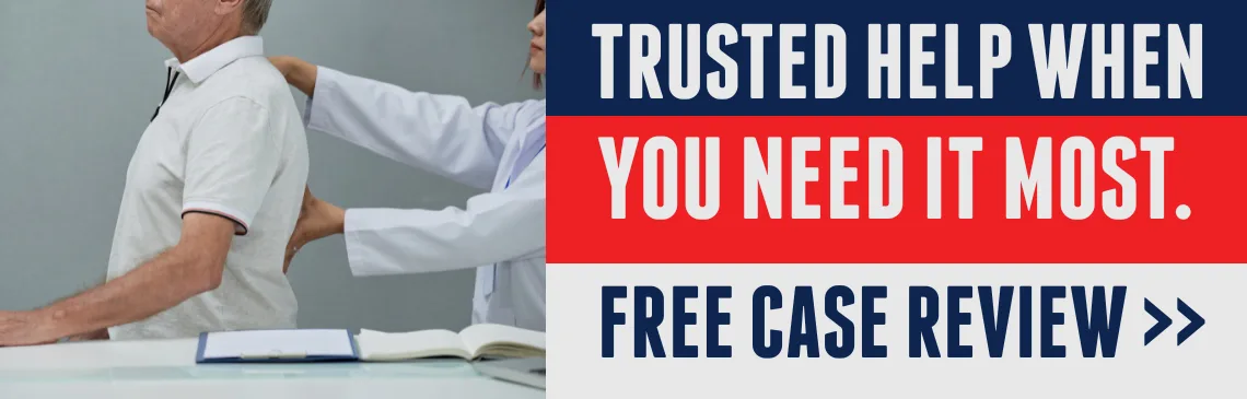 Illustration of spine injury after accident, with text reading: “Trusted help when you need it most” and a link offering a free case review.