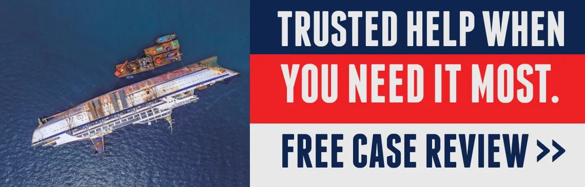 Illustration of boating accident, with text reading: “Trusted help when you need it most” and a link offering a free case review.
