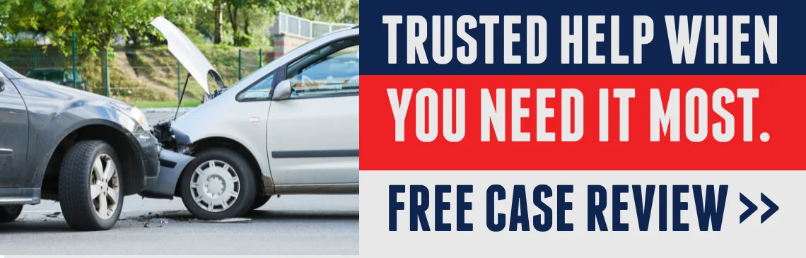 Illustration of car accident, with text reading: “Trusted help when you need it most” and a link offering a free case review.
