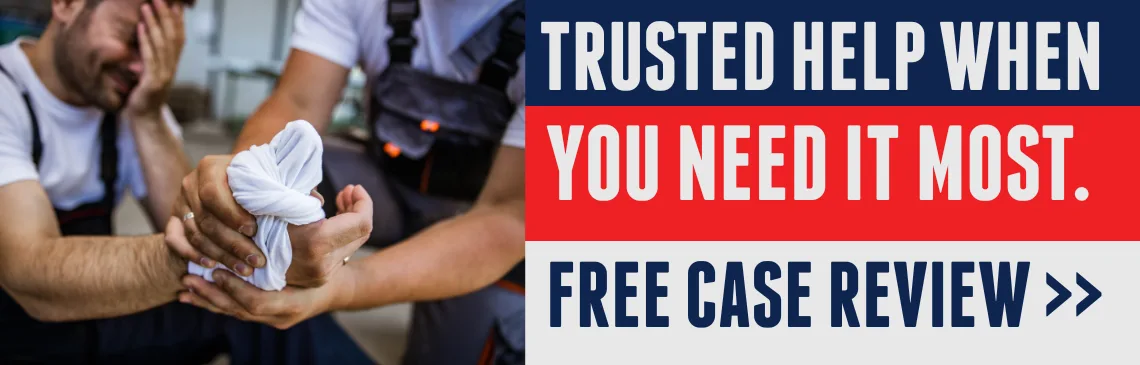 Illustration of catastrophic accident, with text reading: “Trusted help when you need it most” and a link offering a free case review.