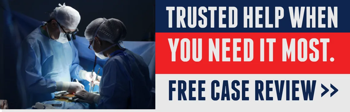 Illustration of malpractice accident, with text reading: “Trusted help when you need it most” and a link offering a free case review.