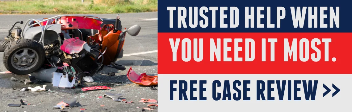 Illustration of motorcycle accident, with text reading: “Trusted help when you need it most” and a link offering a free case review.