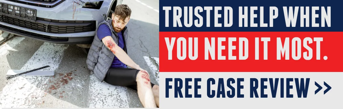 Illustration of pedestrian accident, with text reading: “Trusted help when you need it most” and a link offering a free case review.