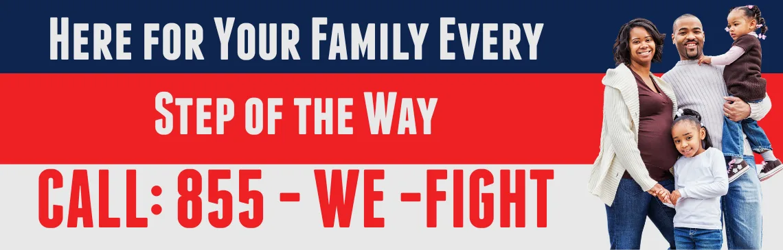 A smiling family standing together, looking happy and relieved, with text reading: “We are here for your family every step of the way” and the message of trusted support from your Jacksonville personal injury attorney in your neighborhood.