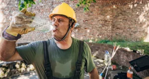 Employee drinking water from heat-related work injuries. Ron Sholes is here to help you
