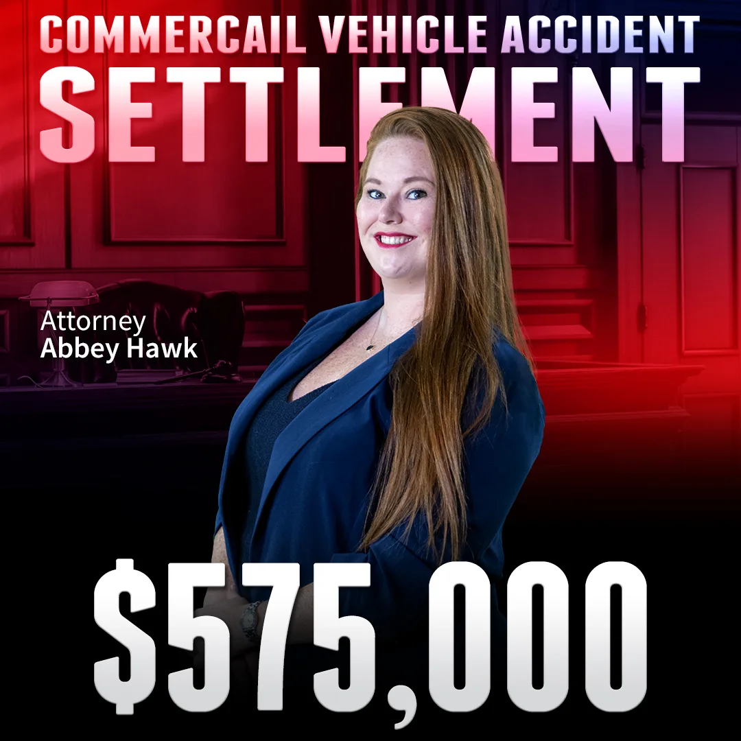 Attorney Abbey Hawk standing in front of a courtroom background with bold text that reads “Commercial Vehicle Accident Settlement – $575,000.
