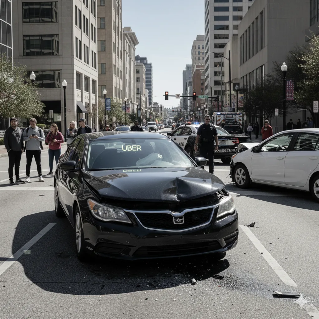 JACKSONVILLE CAR ACCIDENT LAWYER 24 A black Uber sedan with a crumpled hood and deployed airbags sits in a city intersection after a collision. Pedestrians watch from the sidewalk as a police officer and an ambulance attend the scene in the background.