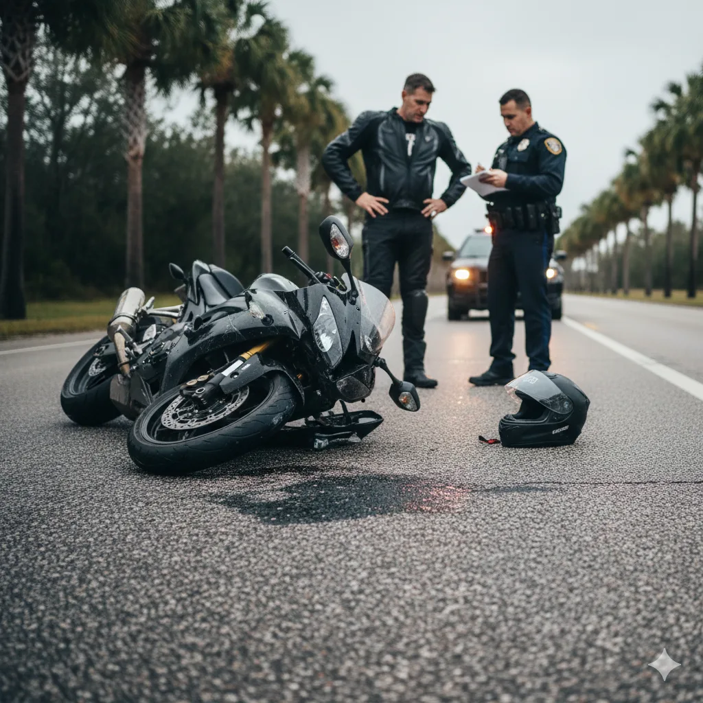 JACKSONVILLE CAR ACCIDENT LAWYER 23 A black sport motorcycle lies on its side on a palm-lined road after an accident. A police officer stands nearby taking notes while a man in a leather jacket looks on. A motorcycle helmet sits on the asphalt in the foreground.