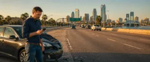 Focused man using a smartphone beside a damaged vehicle on a Jacksonville, Florida roadway. The scene captures the calm, professional support provided by the Law Offices of Ron Sholes after a car accident, featuring the Jacksonville skyline and local palm trees in the background.