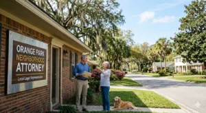 Suburban street scene in Orange Park, Florida, near Kingsley Ave, representing community safety and daycare transport advocacy by the Law Offices of Ron Sholes, P.A.