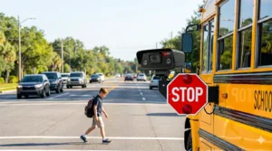 A multi-lane road in Jacksonville, Florida, with traffic stopped for a bright yellow school bus. The bus has a red octagonal STOP arm fully extended with flashing lights and a modern, mounted enforcement camera active, capturing approaching vehicles. A young student with a backpack is crossing the road toward the far curb.