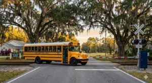 Modern yellow school bus stopped safely at a Jacksonville railroad crossing during golden hour. Image representing school bus safety advocacy by the Law Offices of Ron Sholes, P.A., veteran-led personal injury attorneys serving Northeast Florida.
