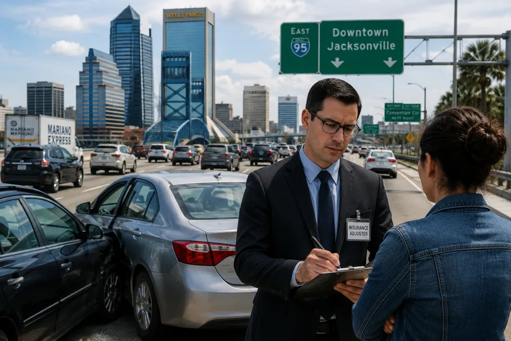 Insurance adjuster reviewing information with a driver after a car accident on Interstate 95 in Jacksonville, Florida.