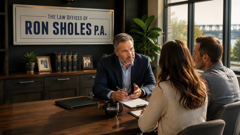 Attorney meeting with a couple in a modern Jacksonville law office during a personal injury consultation focused on direct communication and legal guidance.