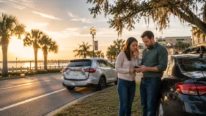 Home 7 Orange Park personal injury lawyer roadside accident scene near the St. Johns River with damaged vehicles and concerned drivers reviewing next steps after a crash.